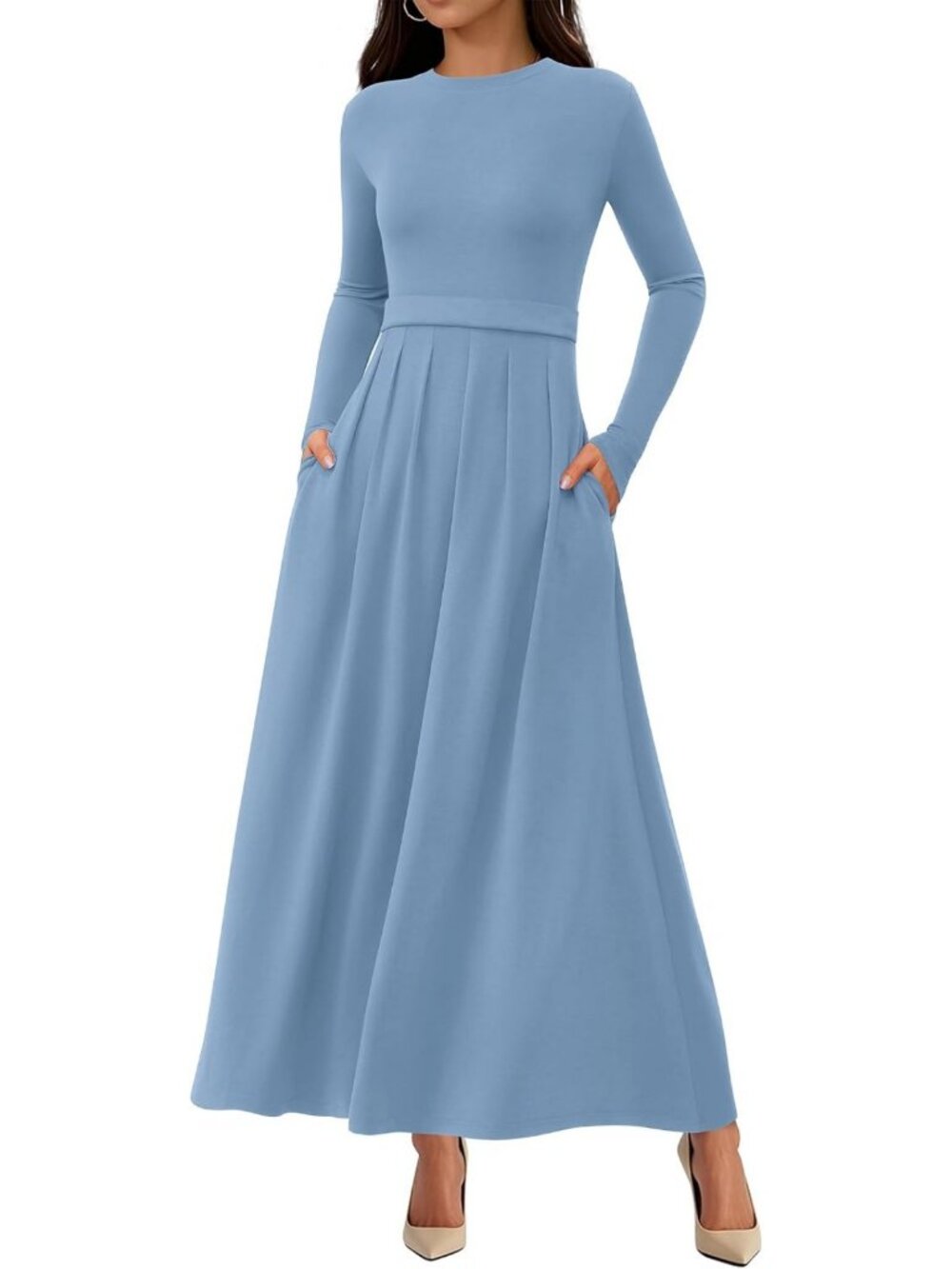 Chic Long Sleeve Dress with Pockets | Business Casual Pleated Wedding Guest